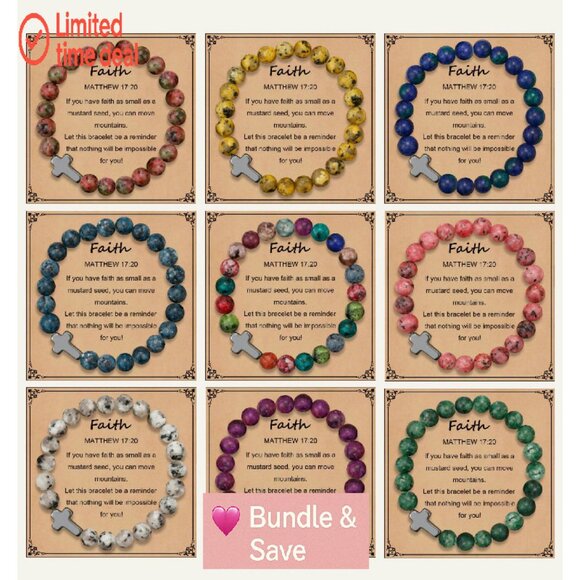 9-Piece Cross Beaded Bracelet Set with Inspirational Cards, 7-Inch Stretch Fit - Picture 1 of 8